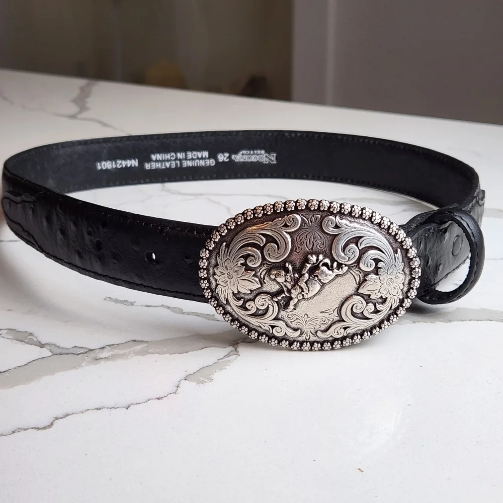 NOCONA BELT COMPANY BLACK LEATHER OSTRICH PRINT 100% LEATHER BELT SIZE 26